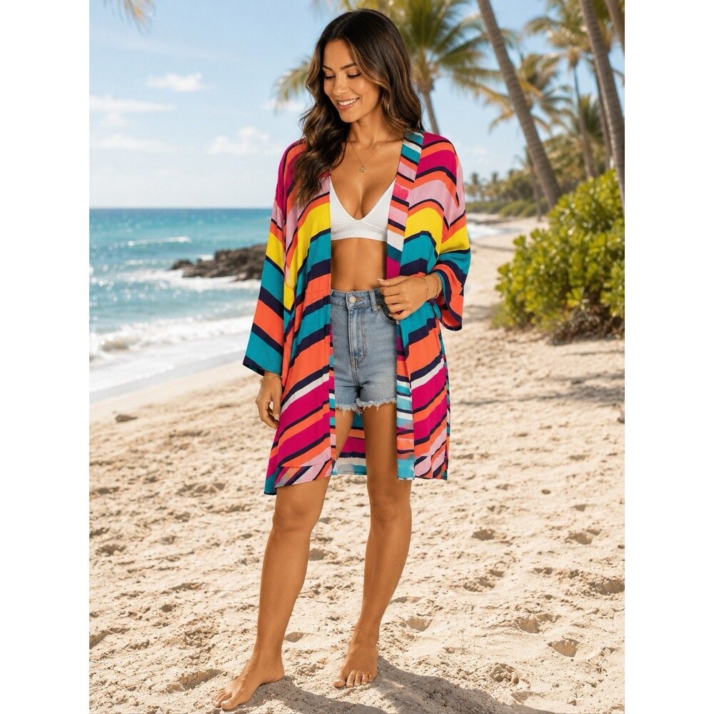 Trina Turk Striped Kimono Cardigan Multicolor Open Front Lounge Small Beach